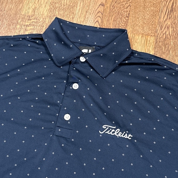 Footjoy Lisle Titleist FJ Logo Print Navy Embroidered Golf Polo Shirt Mens Large - Picture 3 of 9